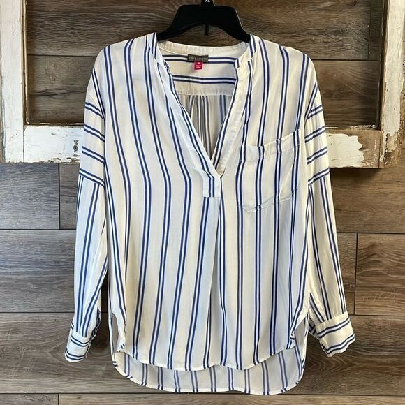 VINCE CAMUTO White Blue Stripe Blouse Women’s Large Collared Flowy Shirt Top - Picture 2 of 9